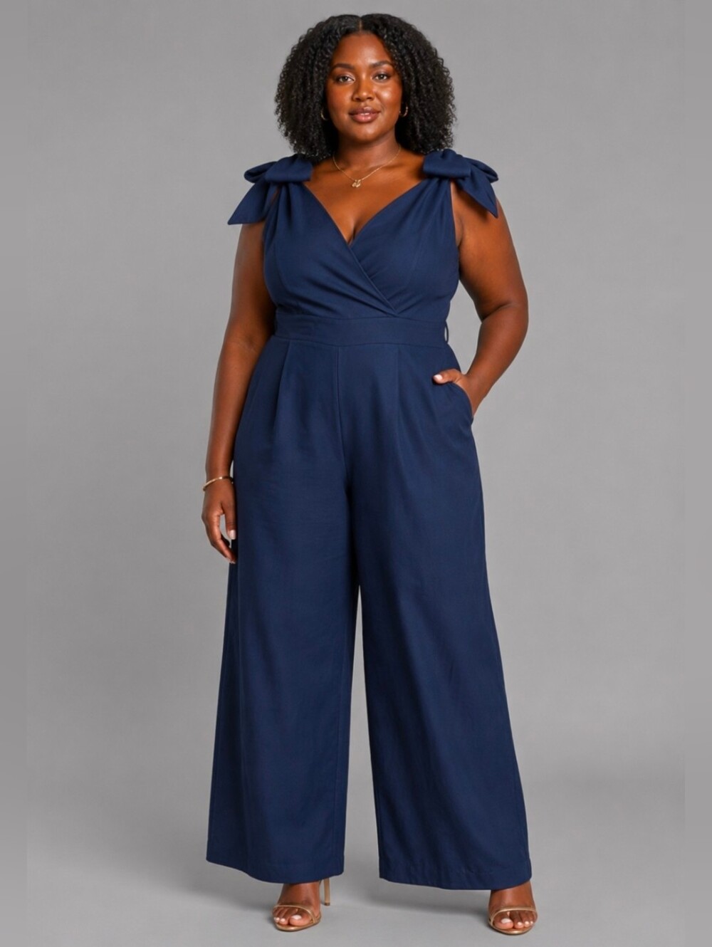 ELOQUII Tie Strap Wide Leg Jumpsuit Blue Cotton Blend Plus Size 18 Pockets